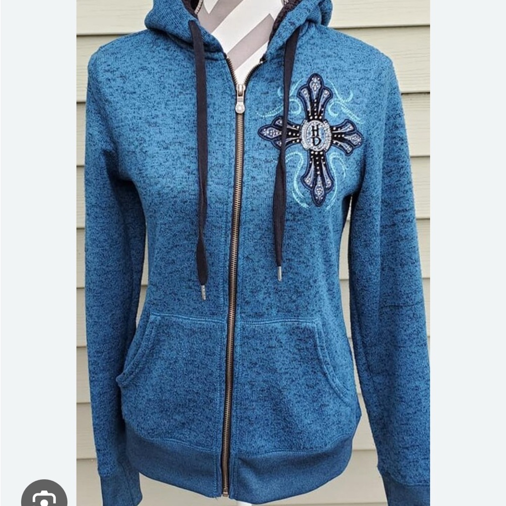 Harley-Davidson Women’s Turquoise Blue  Bling Cross Zipper Long Sleeve Hoodie